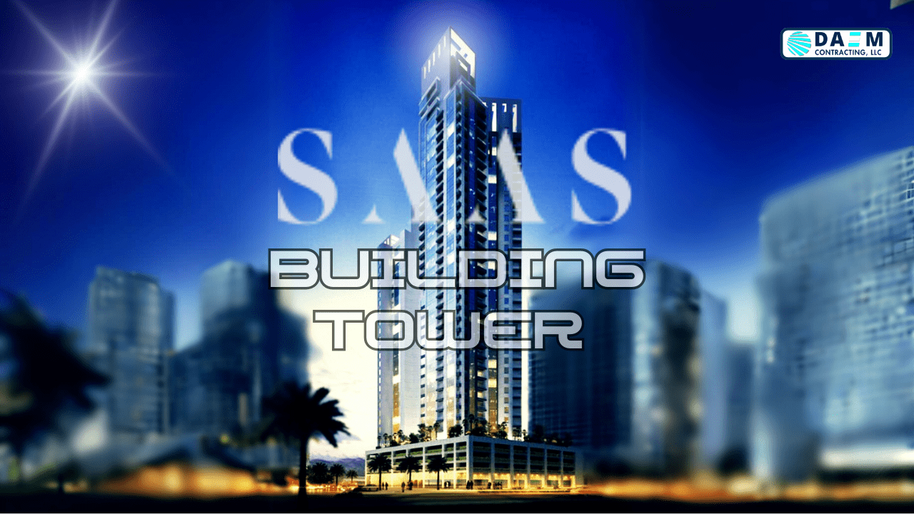 The SAAS Business Bay tower standing tall against the evening sky, illuminated from within, with DAEM CONTRACTING LLC’s presence signifying their role in safeguarding the building with premier fire safety services