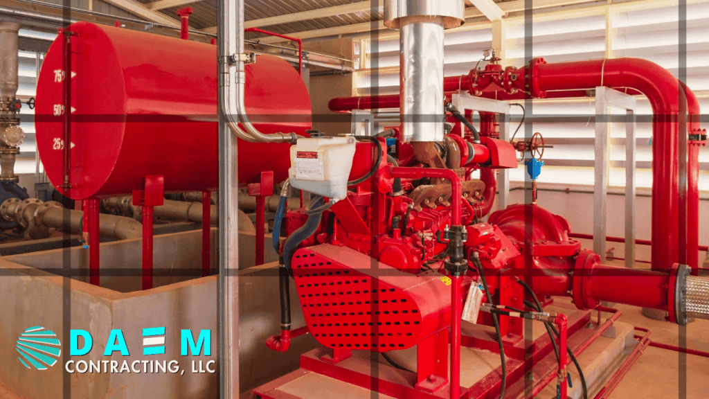 Innovative fire pump setup by DAEM CONTRACTING LLC, with red piping and tanks.