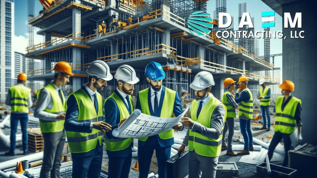 A group of DAEM CONTRACTING LLC construction professionals in hard hats and safety vests meticulously discuss project details over blueprints at a construction site