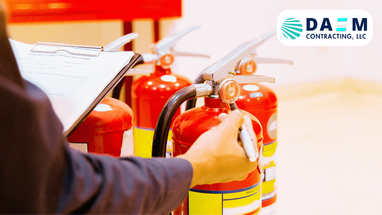A professional from DAEM Contracting LLC performs a meticulous inspection of fire extinguishers, ensuring compliance and safety, with the company logo prominently displayed in the corner