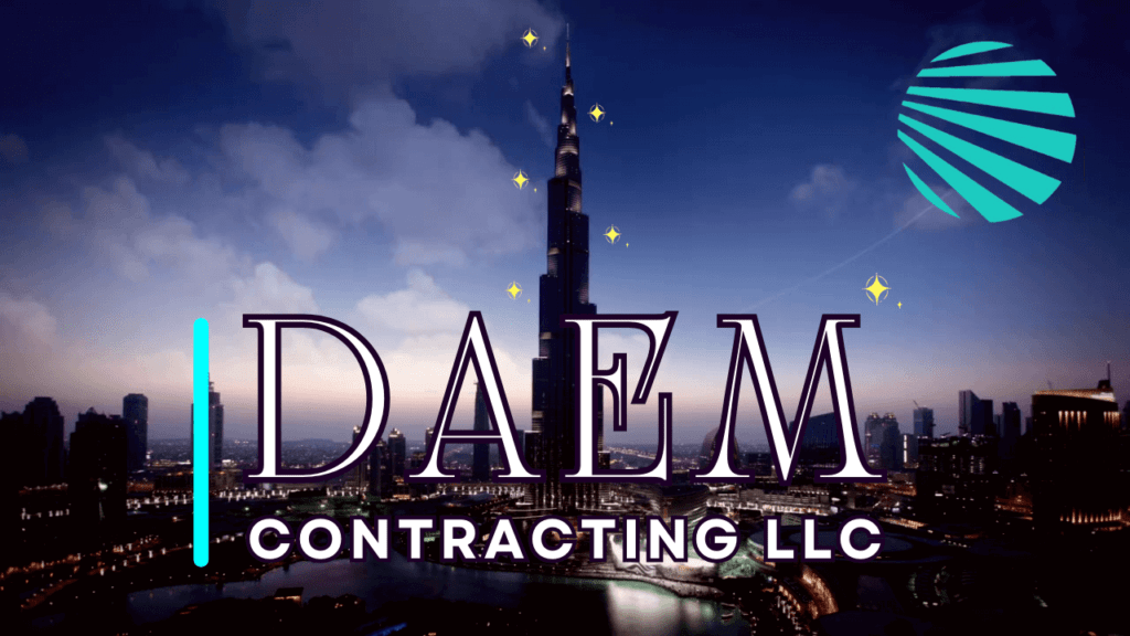 a view of Dubai and DAEM CONTRACTING LLC logo