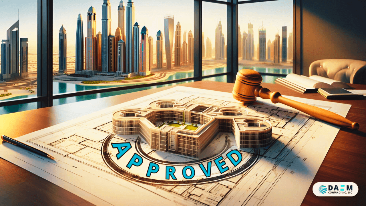 A 3D architectural model of a modern building complex sits atop detailed blueprints with a bold 'APPROVED' stamp across the center. The documents are displayed on a polished table with a judge's gavel beside them, symbolizing official authorization. In the background, through a panoramic window, the breathtaking Dubai skyline bathes in the soft light of dawn, while the logo of DAEM Contracting, LLC is subtly incorporated into the bottom right corner, signifying their role in the successful approval of construction projects in the city