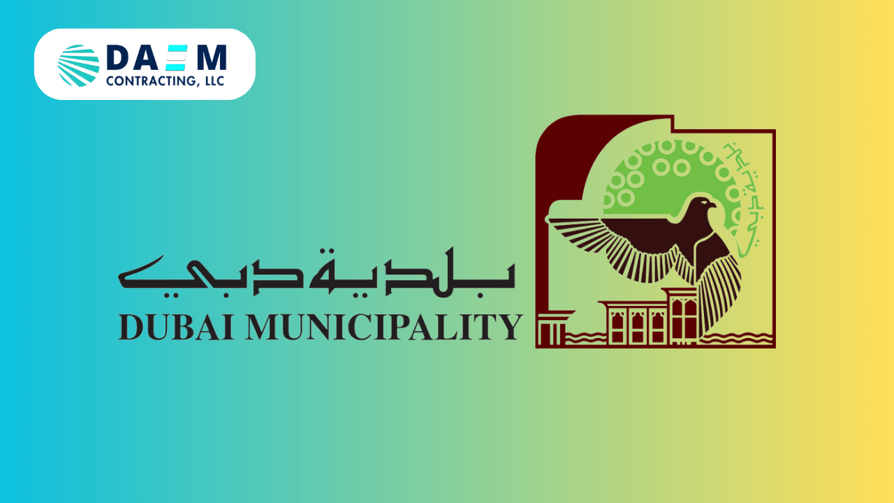 An illustrative banner combining DAEM CONTRACTING LLC's logo with the emblem of Dubai Municipality, symbolizing the partnership for streamlined project approvals in Dubai