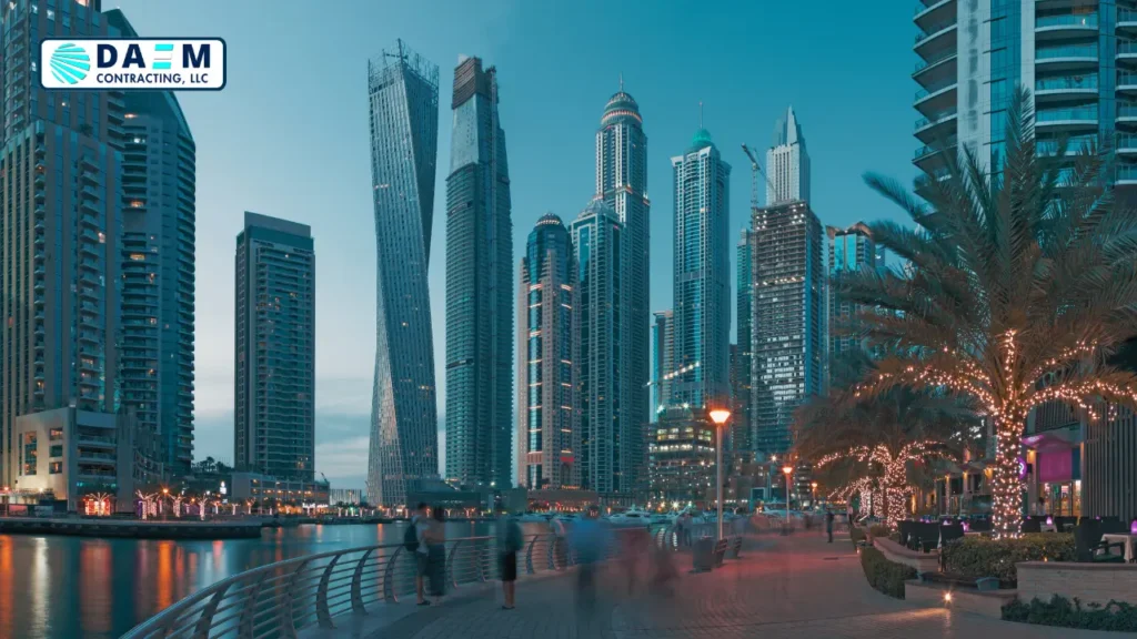 Dubai city view with DAEM contracting llc logo