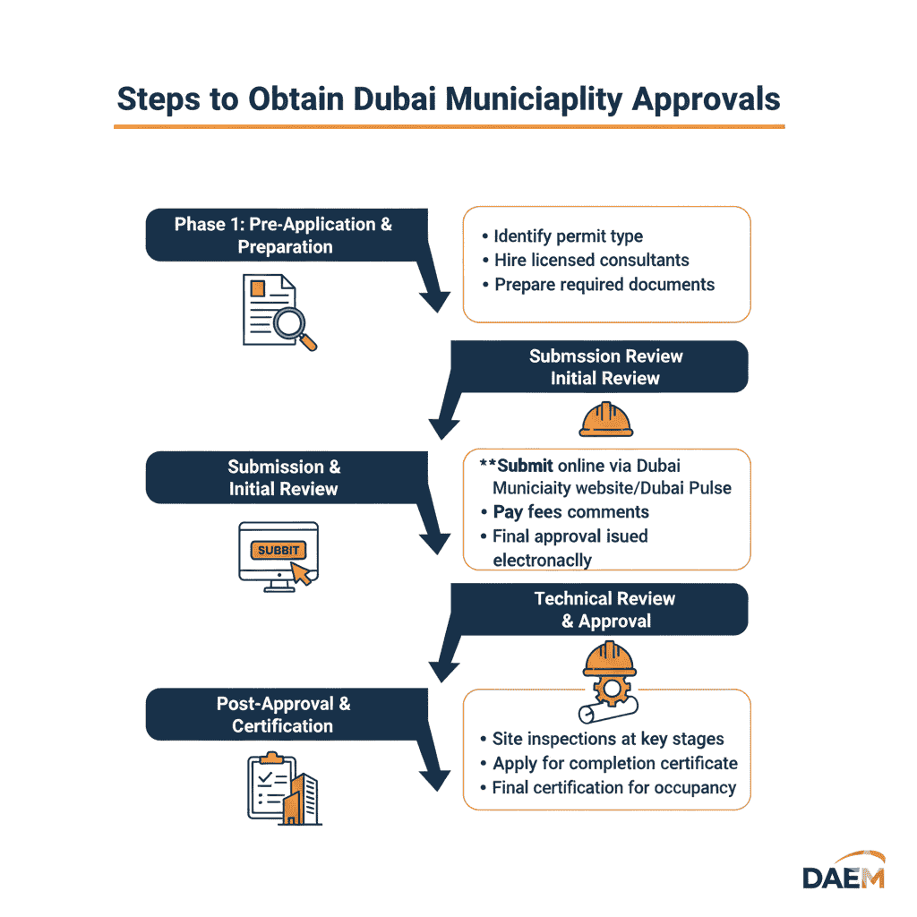 The steps to obtain Dubai municipality license follow a structured process: first, applicants identify the permit type, appoint a licensed consultant, and prepare the required documents. Next, the application is submitted online, fees are paid, and DM engineers conduct technical reviews with possible revisions. Finally, after approvals, site inspections are carried out, leading to the issuance of a completion certificate for legal occupancy.