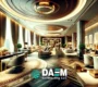 Modern DAEM Contracting LLC office interior with fire-resistant décor and panoramic views of Dubai's skyline, exemplifying luxury and regulatory compliance