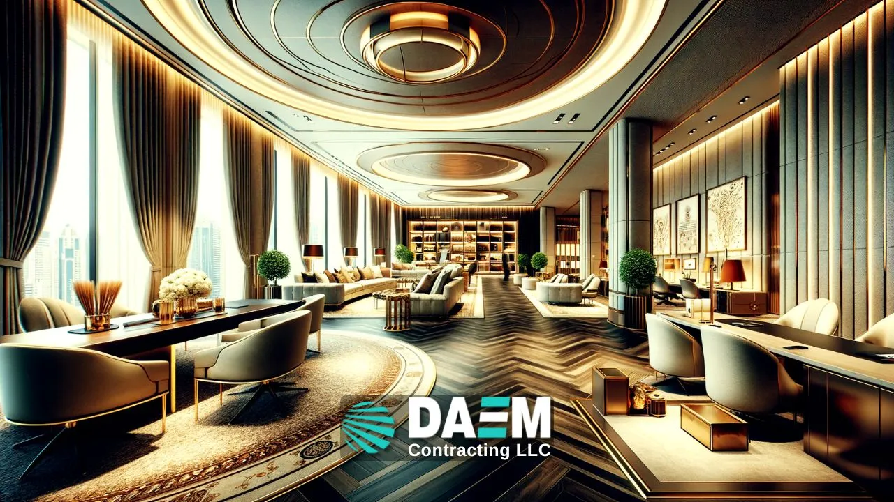 Modern DAEM Contracting LLC office interior with fire-resistant décor and panoramic views of Dubai's skyline, exemplifying luxury and regulatory compliance