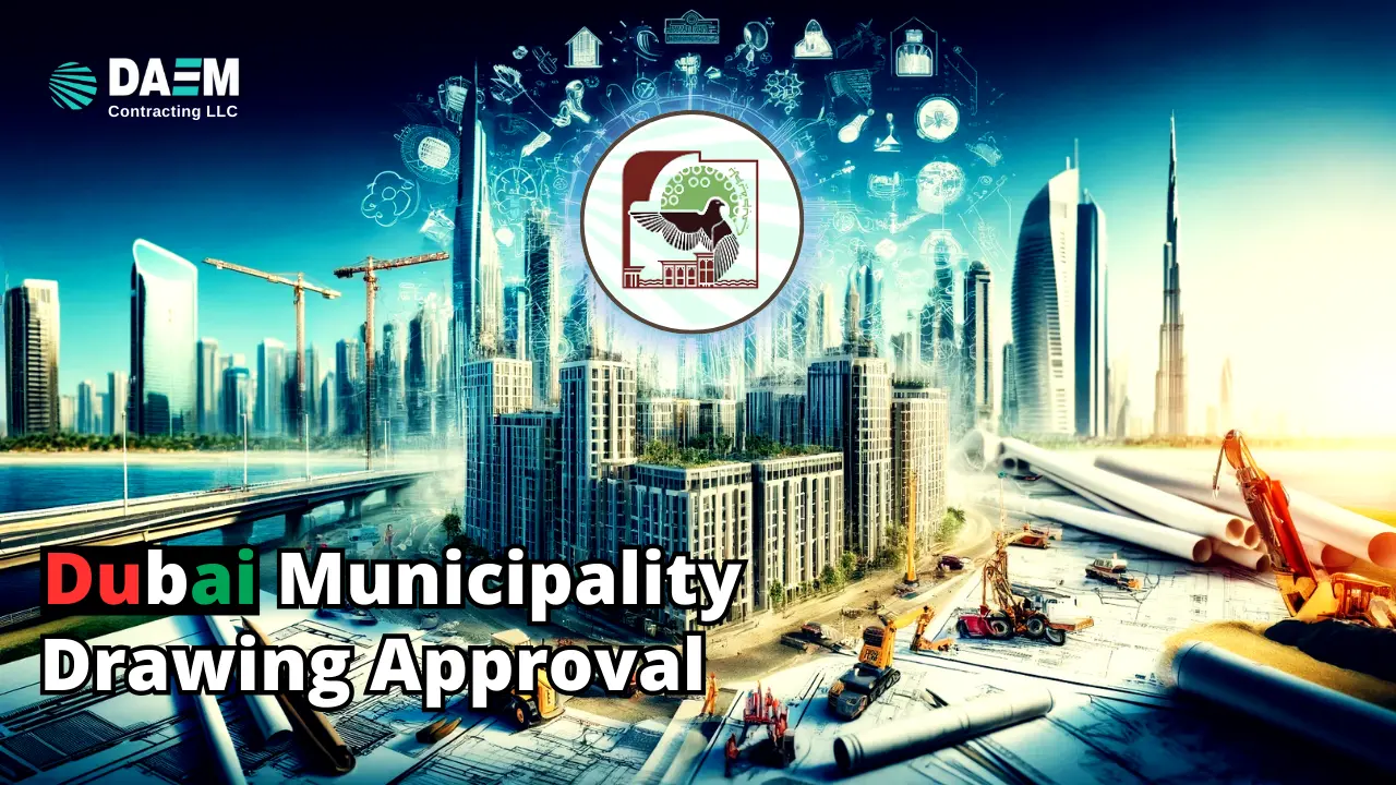 Dubai skyline with modern skyscrapers, construction cranes and machinery in the foreground, surrounded by icons representing different approvals like building permits, environmental regulations, and the Dubai Municipality logo in the center, illustrating the comprehensive Dubai Municipality Drawing Approval process