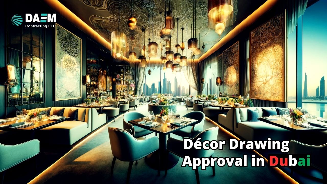 Luxurious restaurant interior in Dubai featuring sophisticated dining setup with modern furniture, elegant table settings, and artistic lighting. The design blends traditional Arabic elements with contemporary architecture, enhanced by decorative wall art, plush seating, and ambient lighting against a backdrop of Dubai's vibrant cityscape