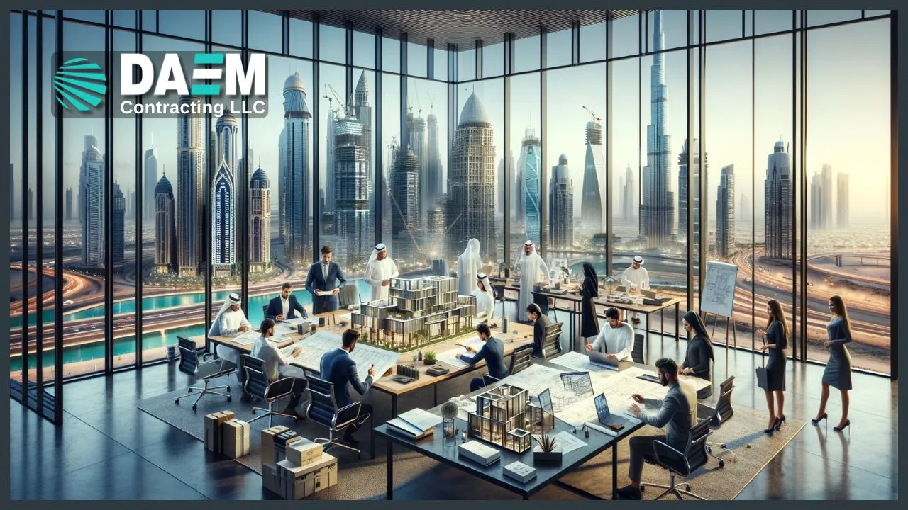A bustling office of DAEM Contracting LLC, with diverse professionals including architects and engineers, working on architectural models and plans in a modern office with a panoramic view of Dubai's skyline