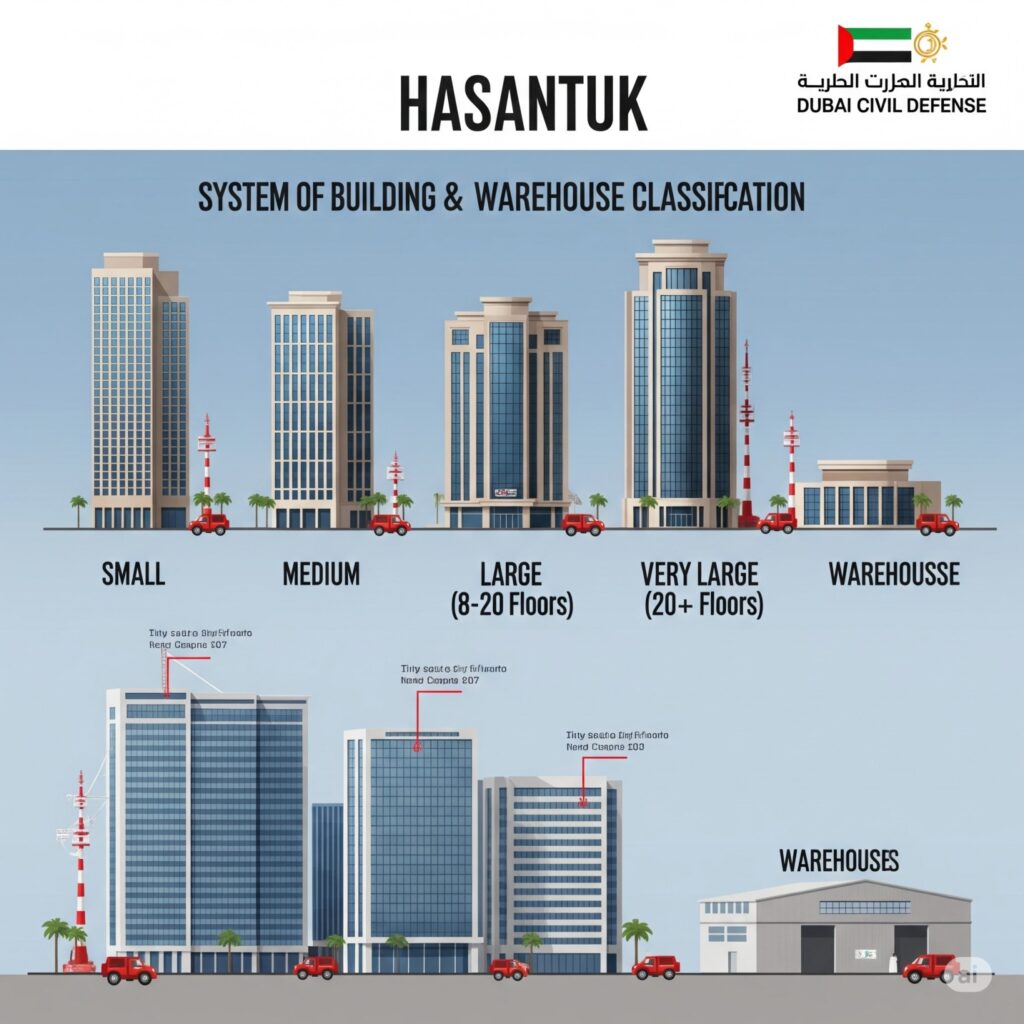 Illustration showing Hasantuk building and warehouse classification: small, medium, large (8–20 floors), very large (20+ floors), and warehouses, as defined by Dubai Civil Defense
