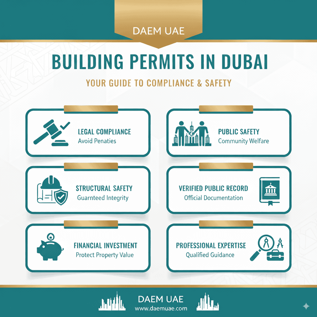 Dubai building permits explained: ensuring legal compliance, structural safety, fire protection, and proper electrical/plumbing systems. Permits protect financial investment, maintain insurance, enhance property value, and safeguard public safety while providing official records and expert review.