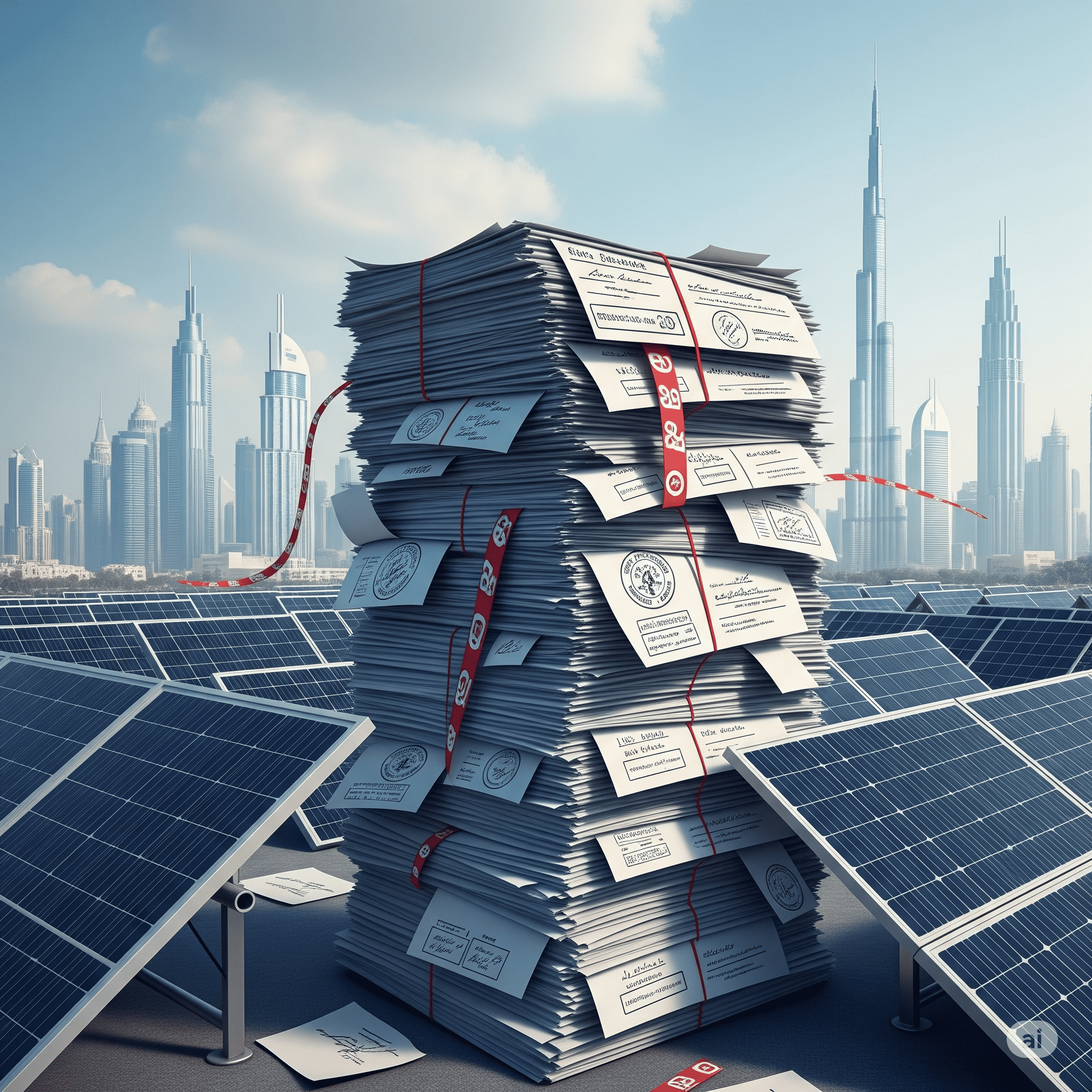 The image illustrates the technical challenges of solar energy integration in Dubai's urban environment, highlighting infrastructure compatibility issues that contribute to approval delays and potential solutions.