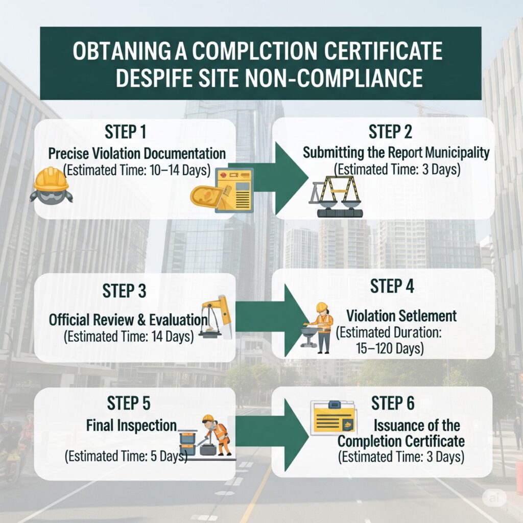 An illustrative image depicting the step-by-step guide to obtaining a completion certificate despite site non-compliance. The image shows six sequential steps using a color palette inspired by daemuae.com (green, blue, yellow, and brown), with illustrative icons and concise text for each step. The steps begin with "Step 1: Violation Documentation" and conclude with "Step 6: Certificate Issuance.
