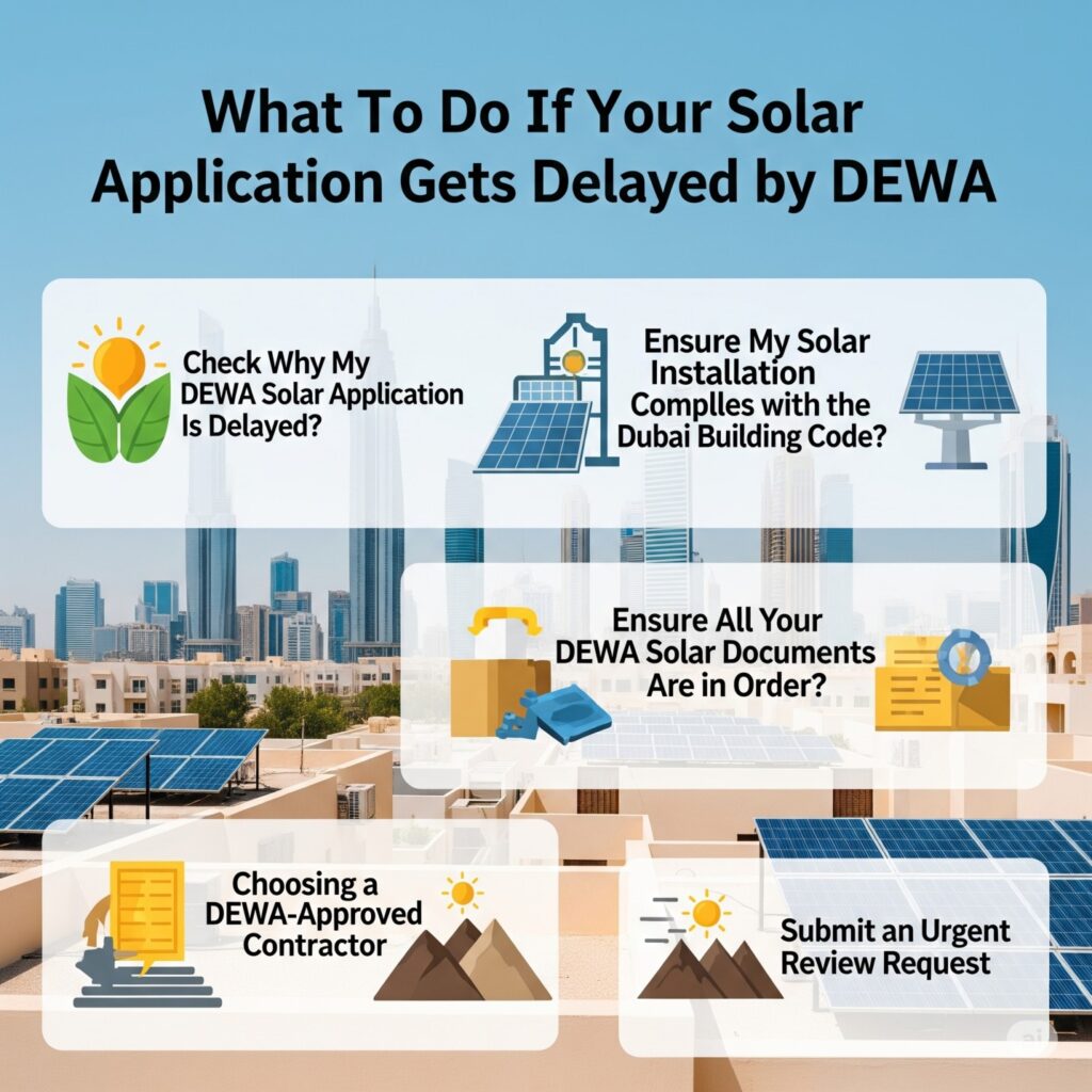 An illustrative image with the title "What to Do If Your Solar Application Gets Delayed by DEWA". The image features a modern cityscape with solar panels, and visually represents five key points: "Check Why My DEWA Solar Application Is Delayed?", "Ensure My Solar Installation Complies with the Dubai Building Code?", "Ensure All Your DEWA Solar Documents Are in Order?", "Choosing a DEWA-Approved Contractor", and "Submit an Urgent Review Request". The design incorporates a color palette of greens, blues, yellows, and browns