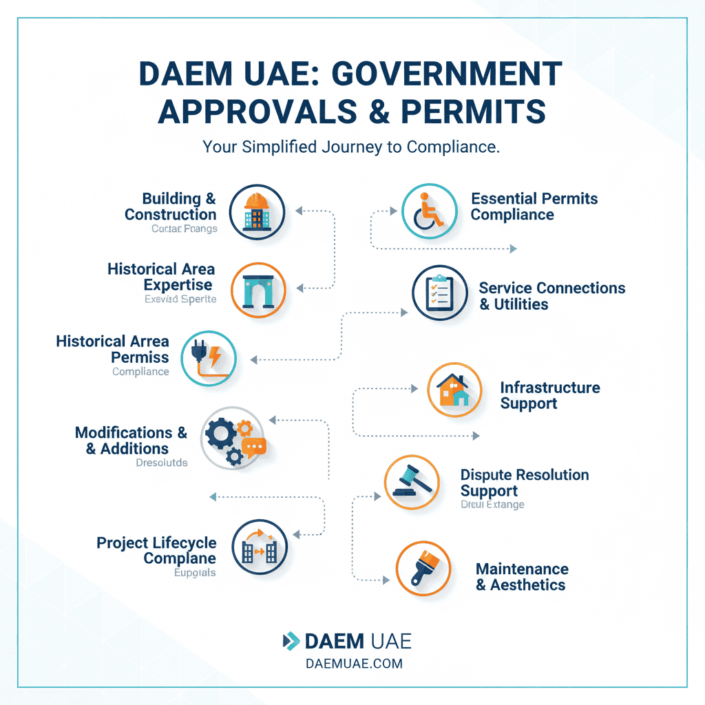 Licensing and DM approvals services by Daem Al Emarat, covering construction, modifications, historical approvals, and utilities.