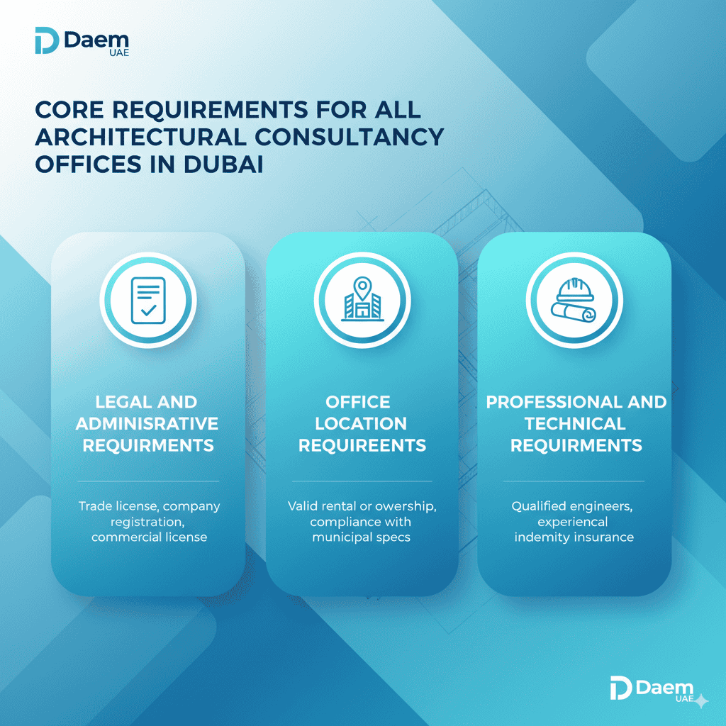 the core requirements for architectural consultancy offices in Dubai, divided into Legal and Administrative Requirements, Office Location Requirements, and Professional and Technical Requirements, highlighting licensing, office compliance, engineer qualifications, and insurance.