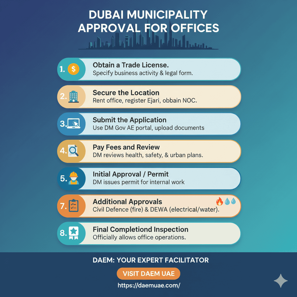 the step-by-step process to obtain Dubai Municipality approval for offices, including obtaining a trade license, securing a location with NOC, submitting the application online, paying fees, receiving initial approval, obtaining additional approvals from Civil Defence and DEWA, executing the office setup, inspection, and receiving the final completion certificate, with DAEM as the expert facilitator."