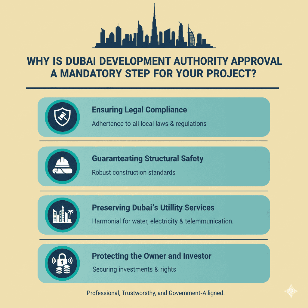 why Dubai Development Authority (DDA) approval is a mandatory step for any project — highlighting legal compliance, structural safety, urban image preservation, utility service requirements, and investor protection, in DAEM UAE brand colors (turquoise and deep teal).