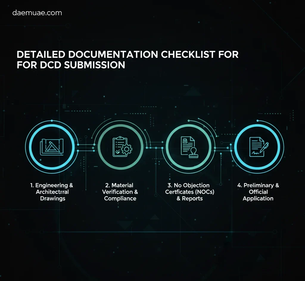 DCD documentation checklist: 1. Engineering & Architectural Drawings, 2. Material Verification & Compliance, 3. No Objection Certificates (NOCs) & Reports, and 4. Preliminary & Official Application, presented in a clean, modern design.