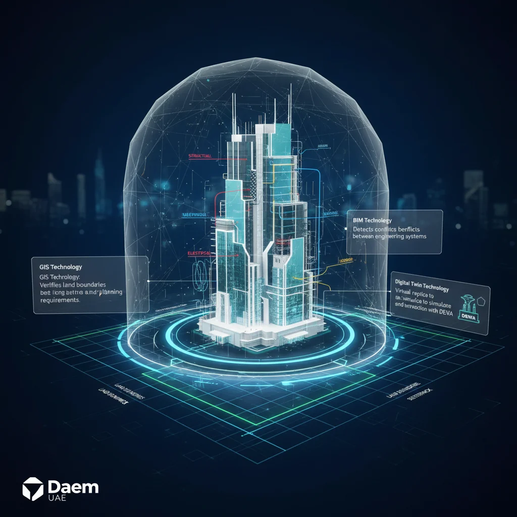 3D building model showcasing GIS, BIM, and Digital Twin technologies for smart construction, land planning, and performance simulation, highlighting processes for DM Approval.