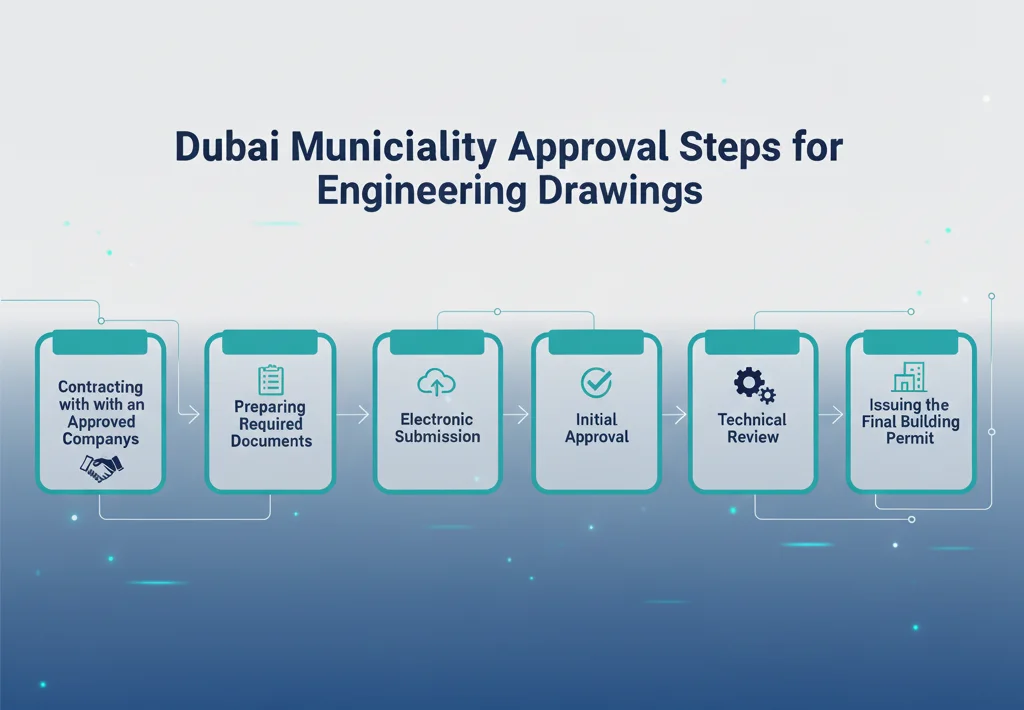 the 6-step process for 'Dubai Municipality Approval Steps for Engineering Drawings'. The steps, presented in a flow or sequence design, are: 1. Contracting with an Approved Company, 2. Preparing Required Documents, 3. Electronic Submission, 4. Initial Approval, 5. Technical Review, and 6. Issuing the Final Building Permit.
