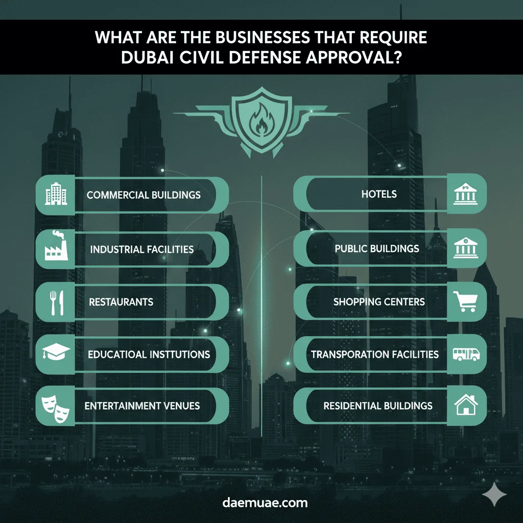 Sleek and modern infographic detailing the 11 business types that require Dubai Civil Defense (DCD) approval. The visual features a dark, vibrant background with subtly blurred Dubai city skyscrapers, highlighting the DCD shield logo at the top left. Each of the 11 categories—Commercial Buildings, Industrial Facilities, Restaurants, Educational Institutions, Healthcare Facilities, Entertainment Venues, Hotels, Public Buildings, Shopping Centers, Transportation Facilities, and Residential Buildings, is represented by a distinct icon within a rounded square box, utilizing a brand-specific color palette for visual appeal and clarity.