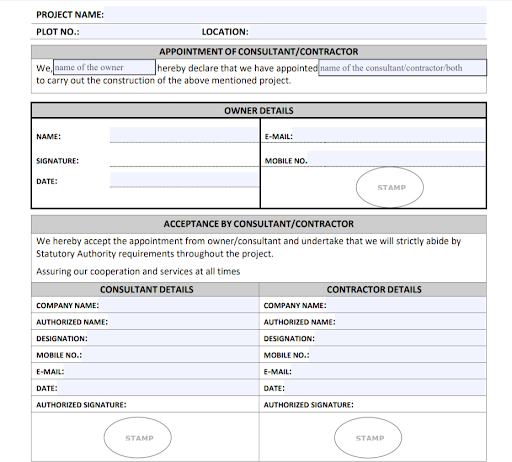 Consultant or Contractor Appointment Form for a construction project, detailing sections for Project Name, Owner Details (Name, Signature, Email, Mobile No., Date), and Acceptance by Consultant/Contractor with their company details, authorized signatures, and stamp areas
