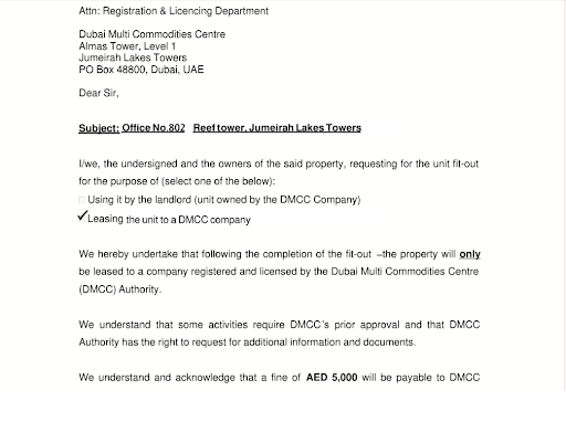 Sample Undertaking Letter to DMCC for JLT Fit-Out Approval — official letter template addressed to the Dubai Multi Commodities Centre (DMCC) Registration and Licensing Department, confirming property owner’s commitment to lease the unit to a DMCC-licensed company after fit-out completion.