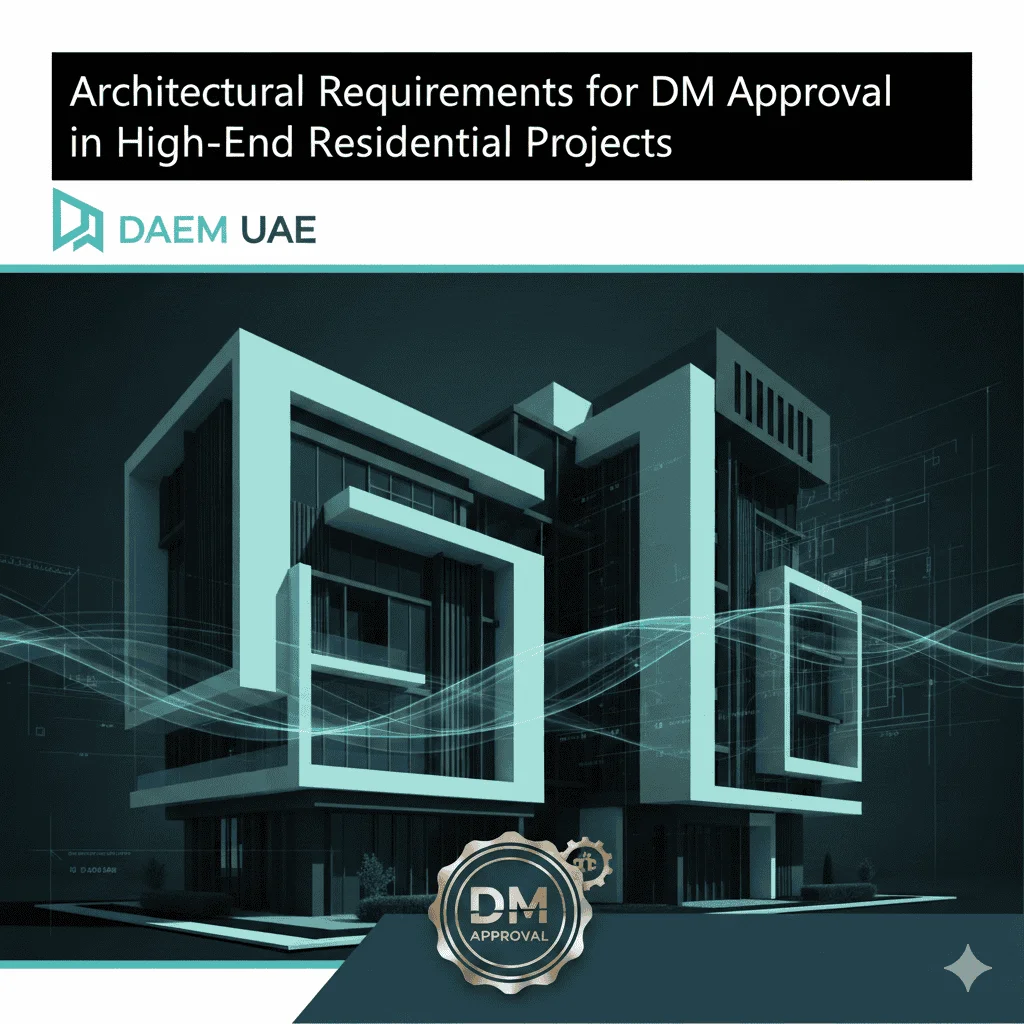 Architectural requirements and DM approval badge over a modern, high-end residential project design.