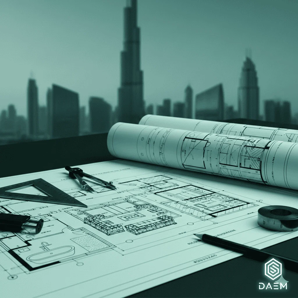 Detailed interior design blueprints and architectural tools on a desk with the Dubai skyline and Burj Khalifa in the background,