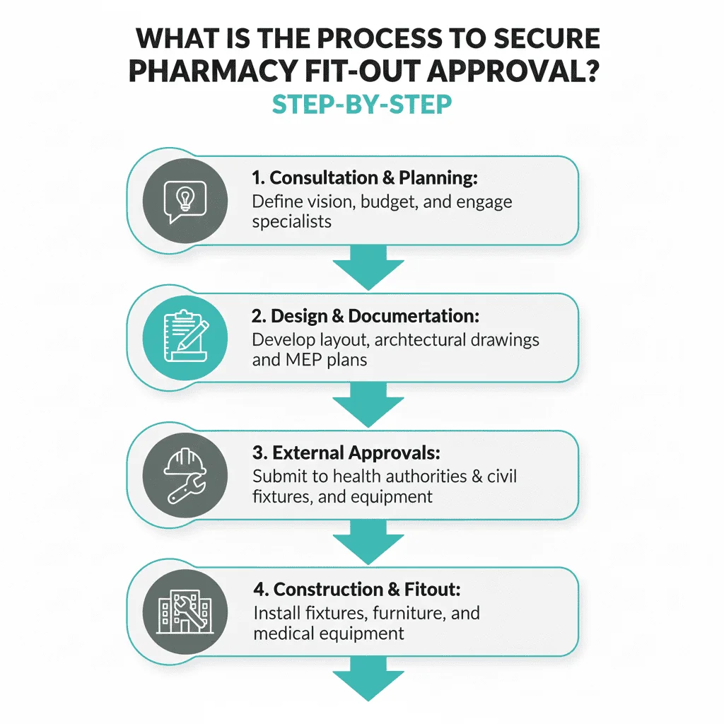 A step-by-step flow chart titled "WHAT IS THE PROCESS TO SECURE PHARMACY FIT-OUT APPROVAL?". The process has four main stages: Consultation & Planning: Define vision, budget, and engage specialists. Design & Documentation: Develop layout, architectural drawings, and MEP (Mechanical, Electrical, and Plumbing) plans. External Approvals: Submit to health authorities & for civil fixtures, and equipment approvals. Construction & Fitout: Install fixtures, furniture, and medical equipment.